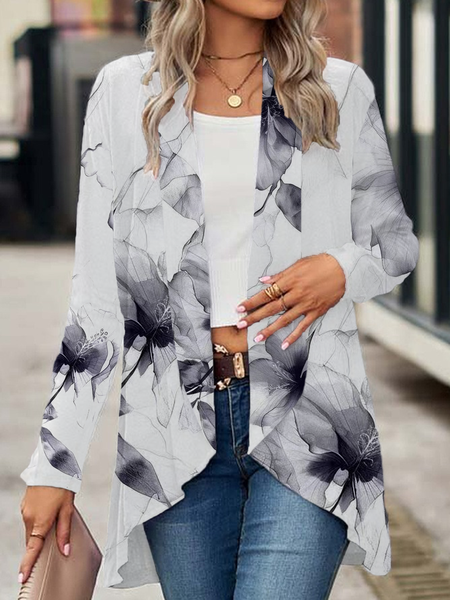Women's Spring/Fall Cover-up Casual Floral Printing Lightweight Cardigan, White, Cardigans