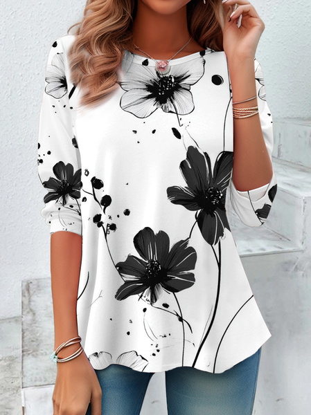 Casual Floral Crew Neck Long Sleeve T-shirt, White, T-shirts