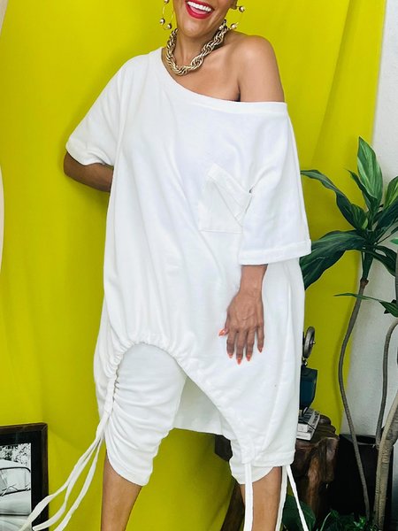 Casual Plain Loosen Off The Shoulder Blouse, White, Blouses and Shirts