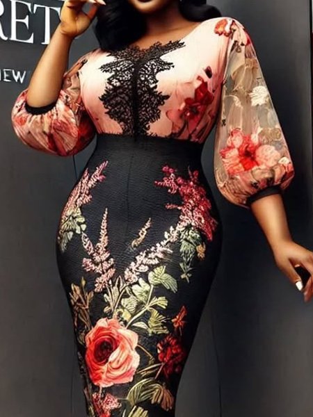 

Elegant Floral Printing V Neck Balloon Sleeve Blouse, As picture, Blouses and Shirts