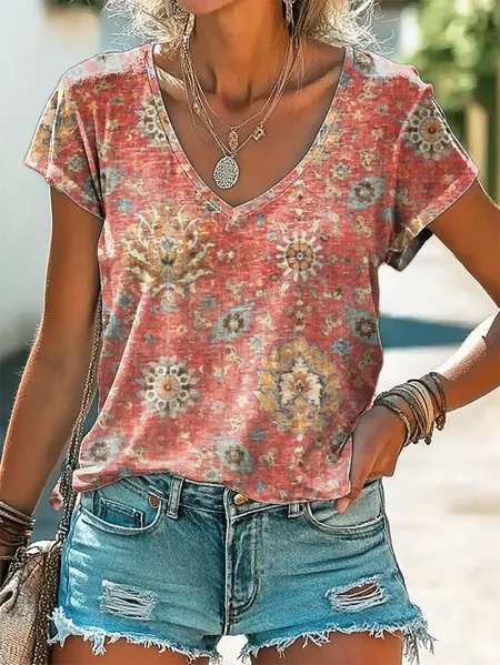 

Casual Floral V Neck Short Sleeve T-shirt, As picture, T-shirts