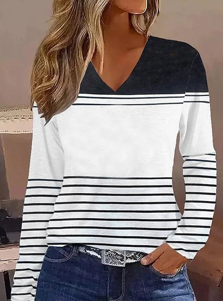 

Casual Striped V Neck Long Sleeve T-shirt, As picture, T-shirts