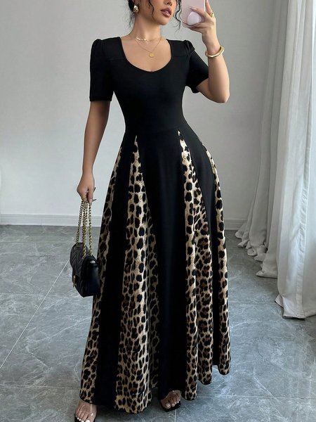 

Elegant Leopard U-Neck Maxi Dress, Black, Maxi Dresses