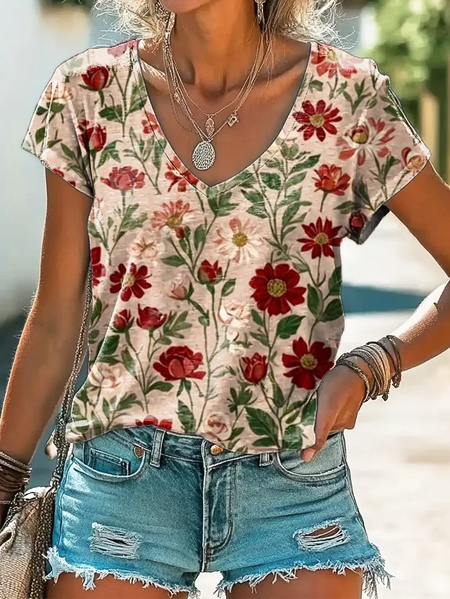 

Women's Floral Print Casual V-Neck Short Sleeve T-Shirt, As picture, T-shirts
