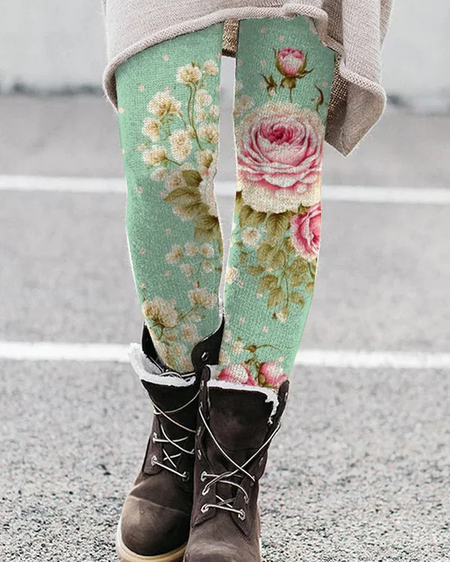 Women's Casual Floral Jersey All Season Printing Long Leggings, Green, Leggings