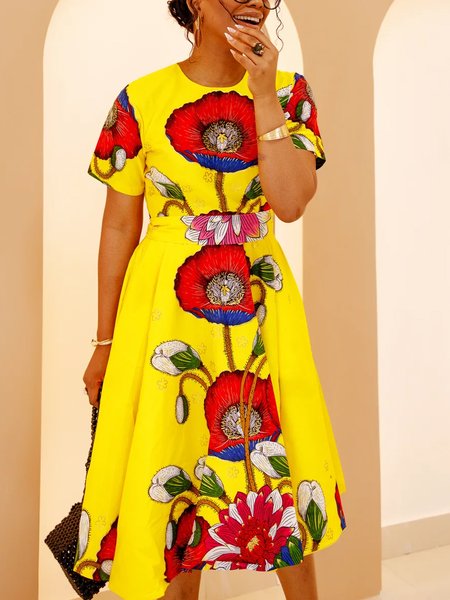 Elegant Floral Printing Crew Neck Midi Dress With Belt, Yellow, Midi Dresses