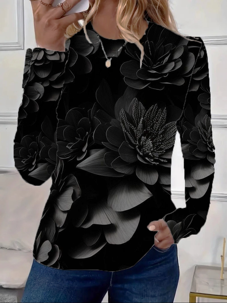 

Casual Floral Crew Neck Long Sleeve T-shirt, Black, T-shirts