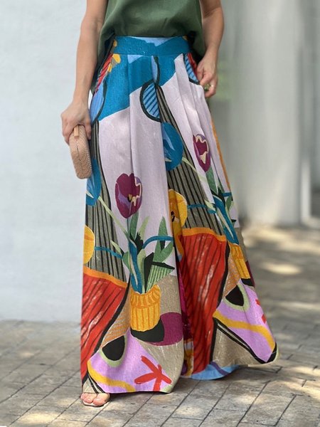 

Casual Random Print Loosen Wide Leg Pants, As picture, Pants