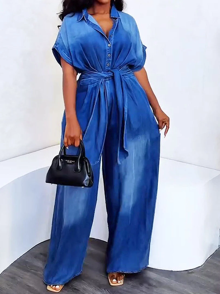 Casual Loose Denim Bib Pants With Belt, Denim blue, Jumpsuits