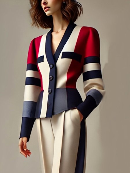 

Plus Size Urban Color Block V Neck Jacket, As picture, Plus Outerwear
