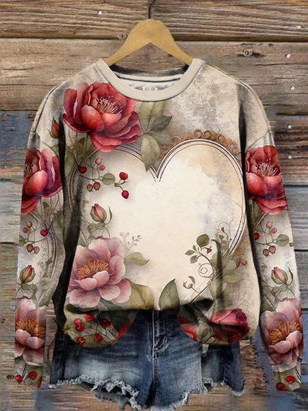 

Women's Floral Spring Valentine's Day Print Casual Crew Neck Long Sleeve Sweatshirt, As picture, Hoodies&Sweatshirts
