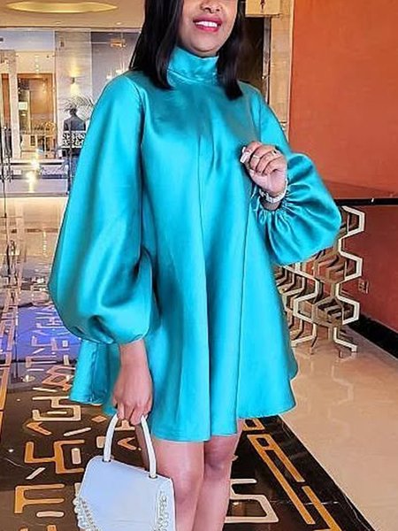 

Elegant Plain Balloon Sleeve Stand Collar Mini Dress, Blue, Mini Dresses