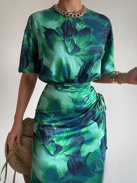 

Casual Floral Crew Neck T-shirt, Green, Tees