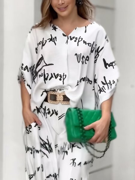 

Casual Random Print Printing Notched Raglan Sleeve Blouse, Black-white, Blouses and Shirts