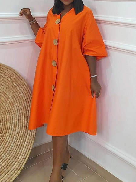 

Casual Loosen Buttoned V Neck Midi Shirt Dress, Orange, Midi Dresses