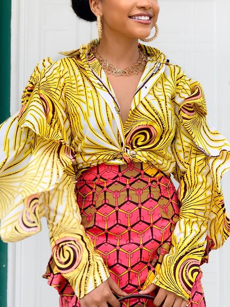 

Elegant Random Print Printing Loosen Shirt, Yellow, Blouses and Shirts