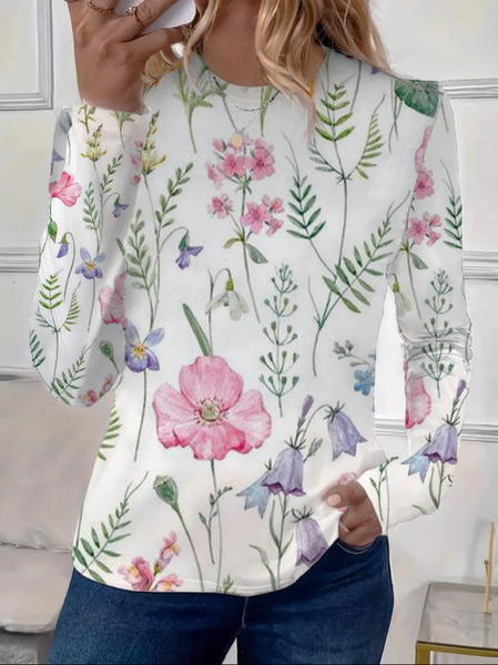 Casual Floral Print Crew Neck Long Sleeve T-shirt, White, T-shirts