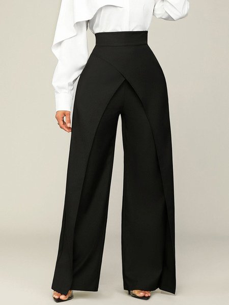 Plus Size Urban Plain Pocket Stitching Wide Leg Pants, Black, Plus Pants