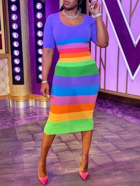 

Urban Color Block Striped Short Sleeve U-Neck Midi Dress, As picture, Midi Dresses