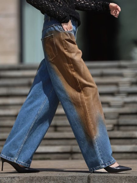 Distressing Color Block Casual Denim Jeans, As picture, Jeans