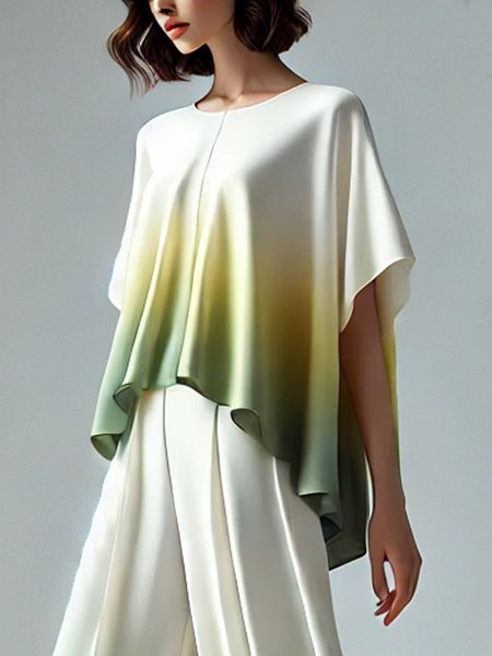 

Casual Gradient Pattern Irregular Craftsmanship Crew Neck Raglan Sleeve Blouse, As picture, Blouses and Shirts