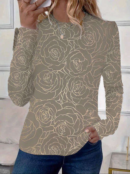 Women's Long Sleeve Tee T-shirt Spring/Fall Floral Printing Crew Neck Casual Graphic Tee Top, As picture, T-Shirts