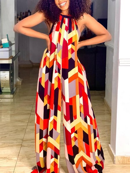 

Vacation Loosen Geometric Halter Jumpsuit No Belt, As picture, Jumpsuits
