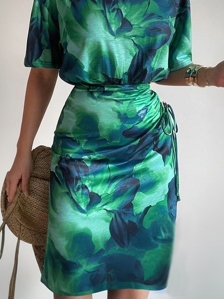 Casual Printing Gathered Floral Mini Skirt, Green, Skirts