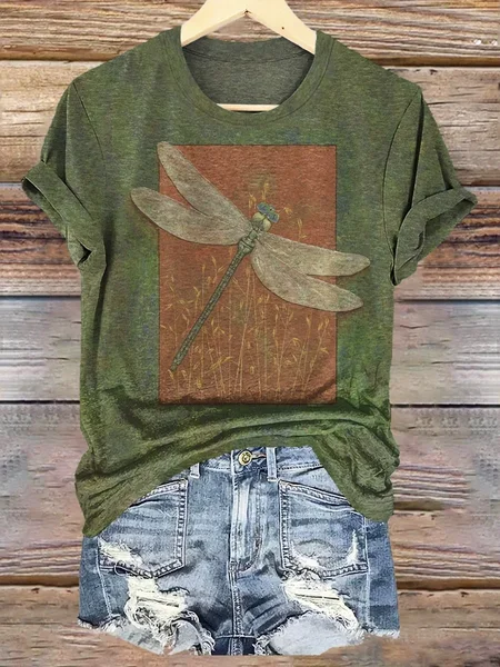 

Casual Dragonfly Crew Neck Short Sleeve T-shirt, Green, T-shirts