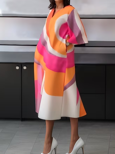 

Urban Random Print Bell Sleeve Notched Midi Dress, As picture, Midi Dresses