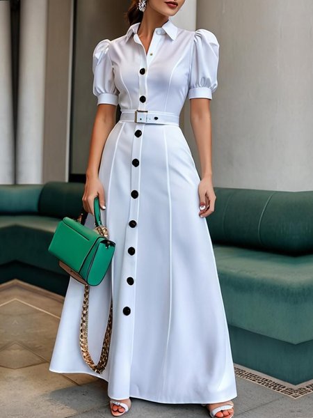 

Urban Plain Puff Sleeve Pocket Stitching Shirt Collar Maxi Dress Belt, White, Maxi Dresses
