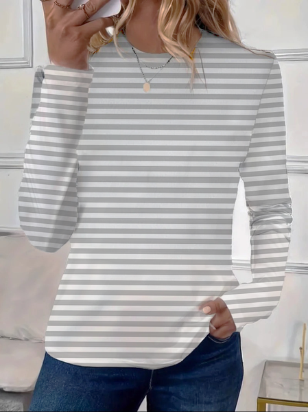 

Casual Striped Crew Neck Long Sleeve T-shirt, As picture, T-shirts