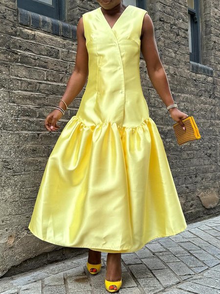 

Elegant Plain V Neck Maxi Dress, Yellow, Maxi Dresses
