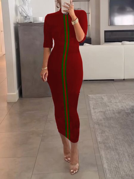 

Casual Color Block Tight Crew Neck Midi Dress, Red, Midi Dresses