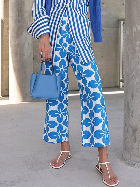 

Urban Floral Printing Straight Pants, Blue, Pants