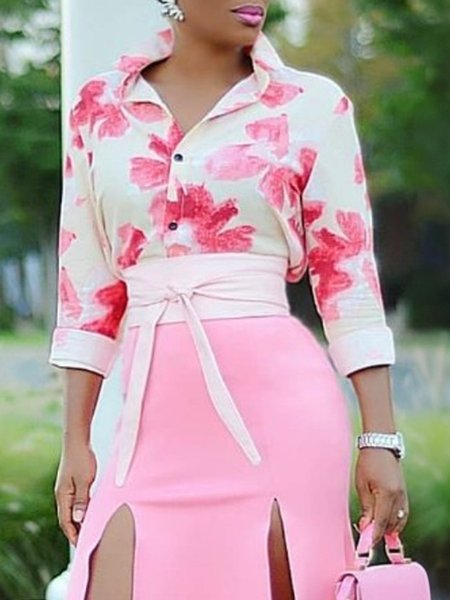 

Elegant Floral Printing Shirt, Pink, Blouses and Shirts