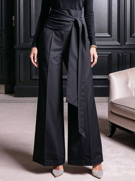

Urban Plain Wide Leg Fashion Pants With Belt, Black, Pants