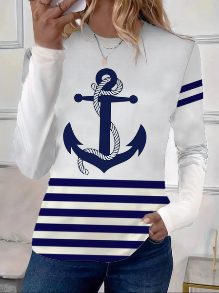 

Casual Striped Crew Neck Long Sleeve T-shirt, White, T-shirts