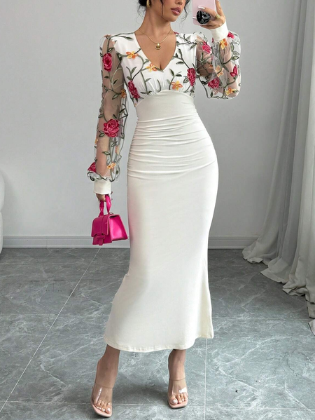 

Elegant Floral Mesh Split Joint U-Neck Midi Dress, White, Midi Dresses