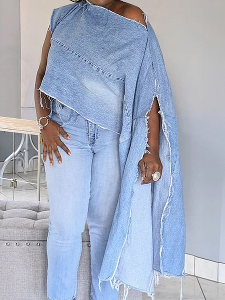 

Denim Urban Plain Asymmetric Top, Denim blue, Tops