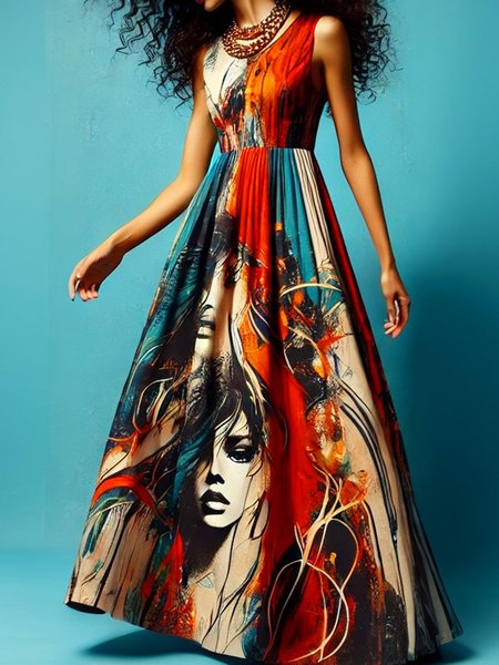 Vacation Face Printing Crew Neck Maxi Dress, As picture, Maxi Dresses