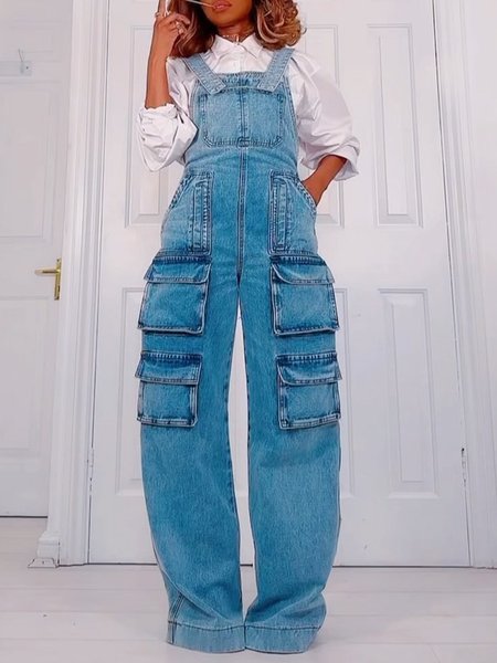 

Casual Plain Loose Denim Bib Pants, Blue, Jumpsuits
