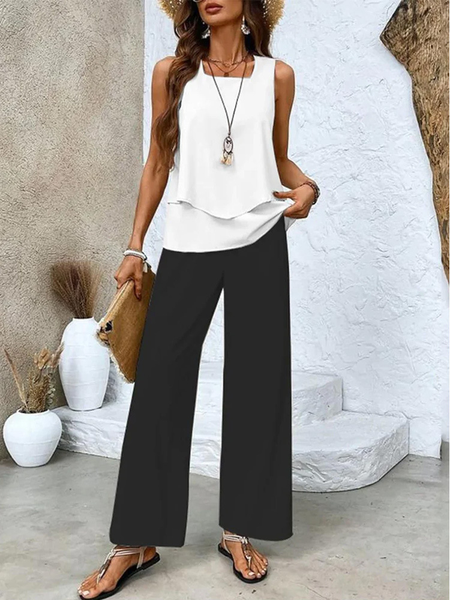 

Women's Plain Daily Going Out Two Piece Set Sleeveless Casual Summer Top With Pants Matching Set, Black-white, Suit Set