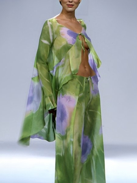 

Vacation Ruffle Sleeve Loose Floral Kimono, Green, Kimonos