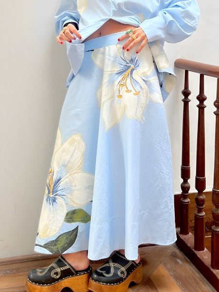 

Vacation Loose Floral Maxi Skirt, Blue, Skirts