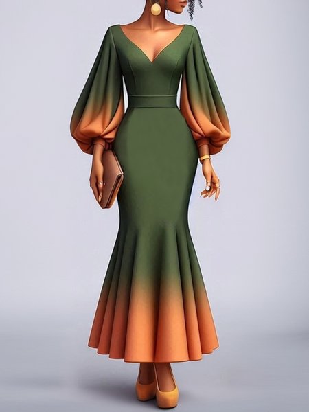 

Elegant Ombre Balloon Sleeve Printing V Neck Maxi Dress, As picture, Maxi Dresses