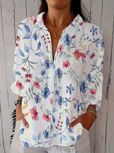 

Women's Long Sleeve Shirt Spring/Fall Floral Buckle Shirt Collar Daily Going Out Casual Top, White, Shirts