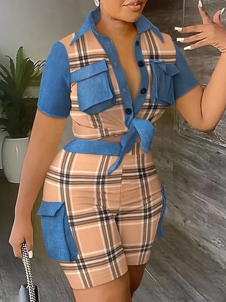 Urban Plaid Split Joint Shirt Collar Shirt, As picture, Blouses and Shirts