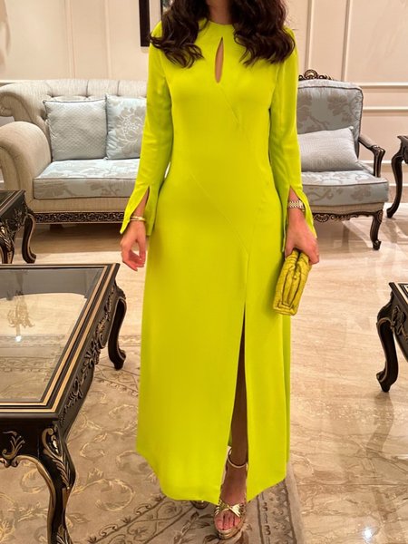 Elegant Plain Side-Slit Crew Neck Maxi Dress, Yellow, Maxi Dresses