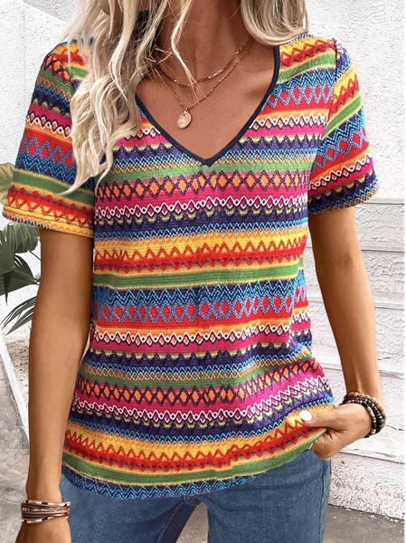 

Vintage Striped V Neck Short Sleeve T-shirt, As picture, T-shirts